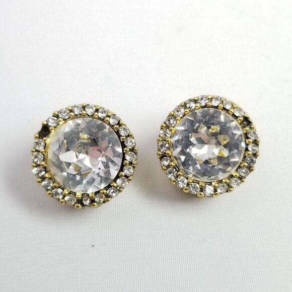 Vintage Zentall Round Rhinestone Clip On Earrings, Gold Tone Halo Signed - Picture 8 of 8
